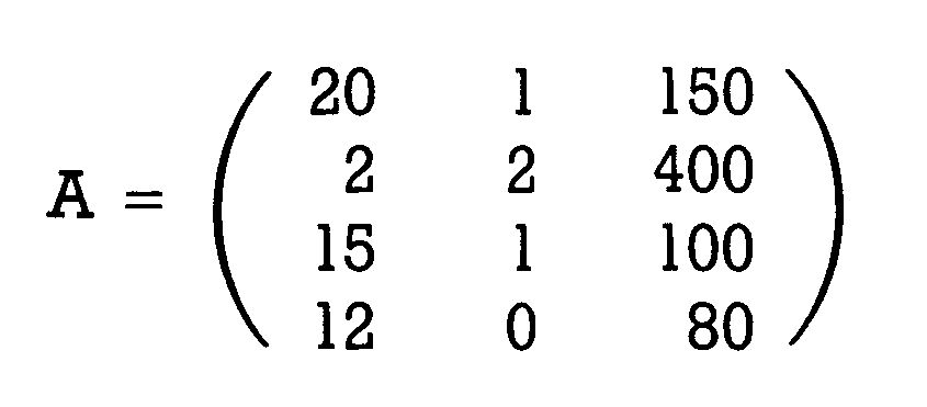 Matrix A mit vier Zeilen und drei Spalten numerischer Werte