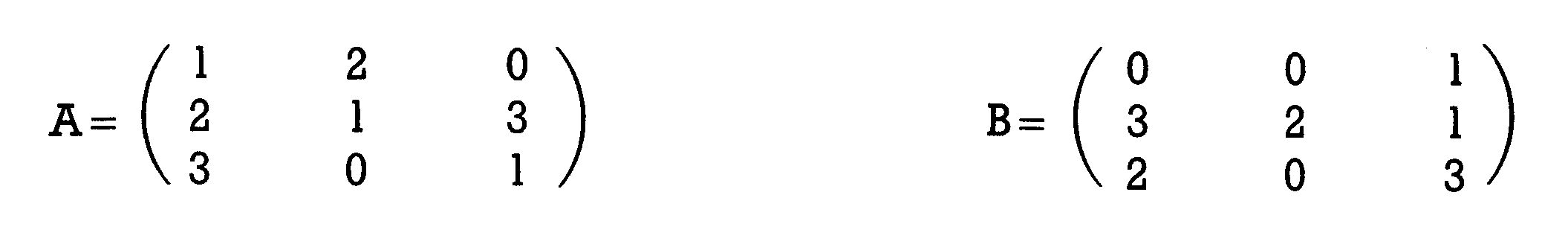 Zwei 3x3-Matrizen A und B mit einstelligen ganzzahligen Elementen nebeneinander