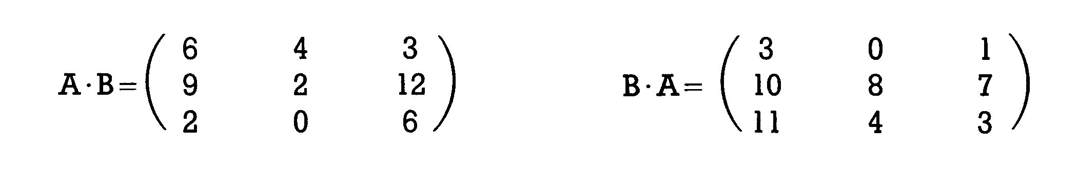 Zwei 3x3-Ergebnismatrizen A·B und B·A nebeneinander