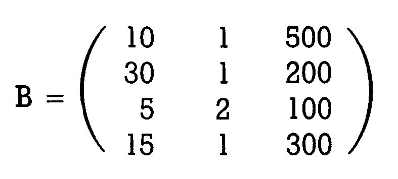 Matrix B mit vier Zeilen und drei Spalten numerischer Werte