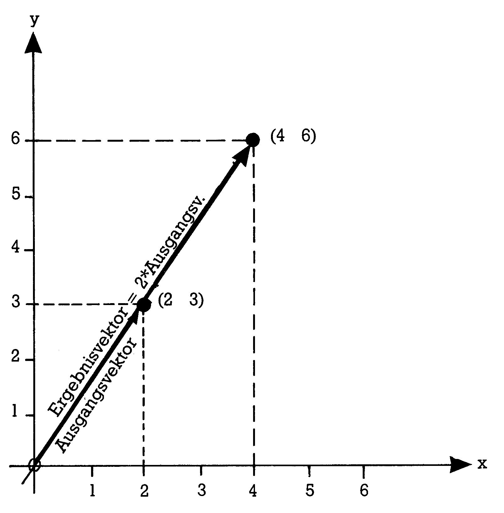 Ausgangsvektor zum Punkt (2 3) und doppelter Ergebnisvektor zum Punkt (4 6)