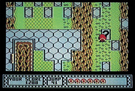 Draufsicht auf gepflasterten Pfad mit Felsen, Bäumen und einer roten Spielfigur