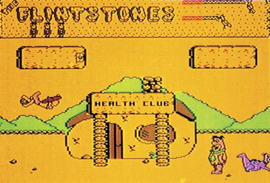 Steinzeit-Szenerie mit Schriftzug „Flintstones“, Bäumen und Gebäude „Health Club“