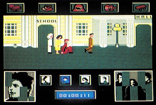 Szene mit Figuren vor einer Häuserreihe, Anzeigefeld und Porträtleiste unten