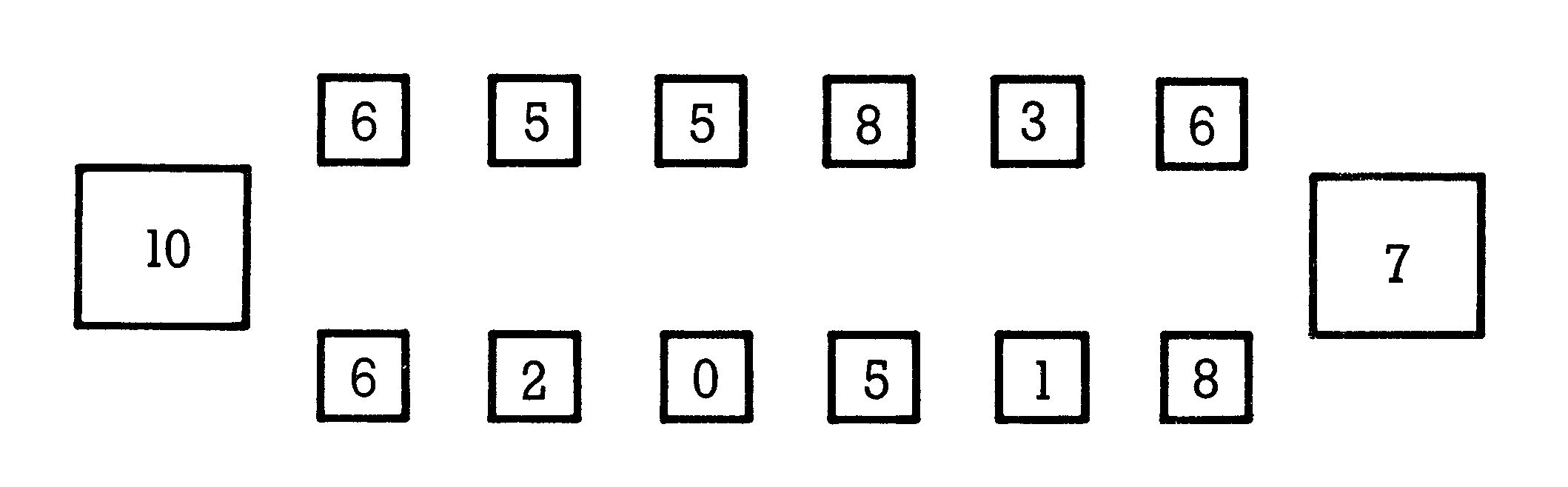 Spielfeld mit Zahlen 6,5,5,8,3,6 oben und 6,2,0,5,1,8 unten