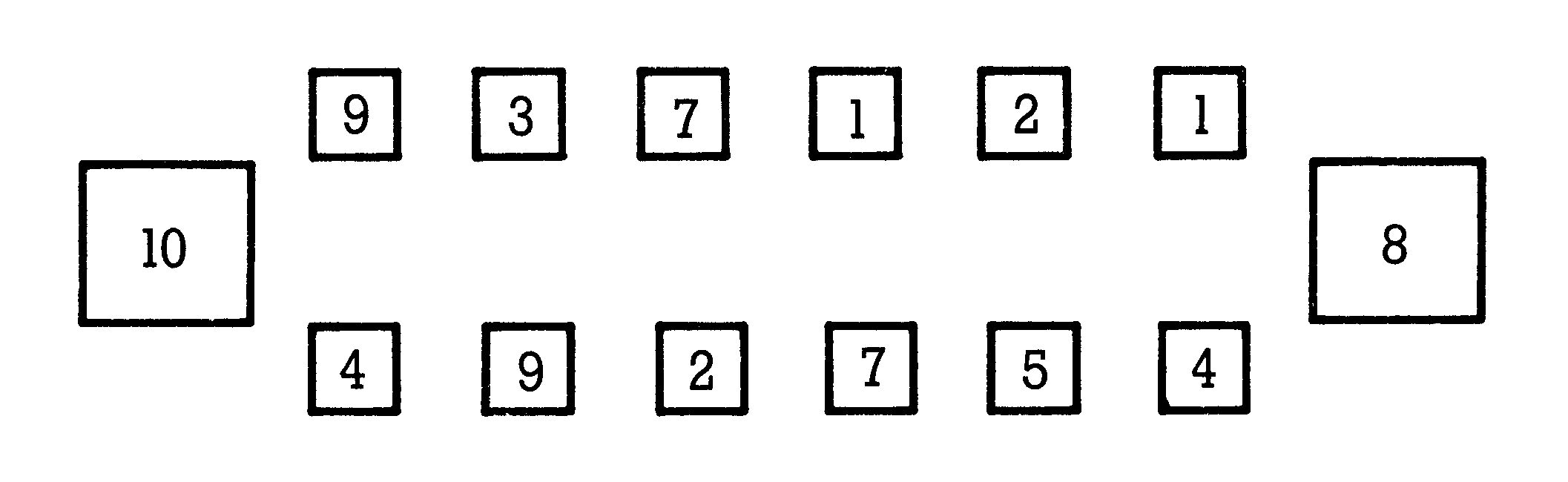 Spielfeld mit Zahlen 9,3,7,1,2,1 oben und 4,9,2,7,5,4 unten