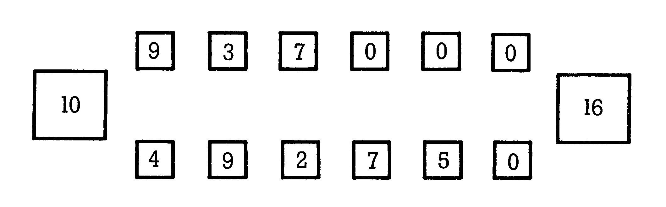Spielfeld mit Zahlen 9,3,7,0,0,0 oben und 4,9,2,7,5,0 unten