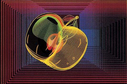 Abstrakte Computergrafik mit leuchtenden Kurven und apfelförmigem Objekt