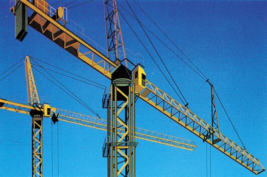 Fotorealistische Computergrafik mehrerer Baukräne vor blauem Himmel