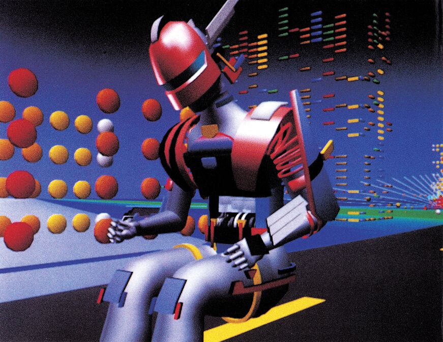 Computeranimierter Roboter mit bunten Punkten und Balken im Hintergrund