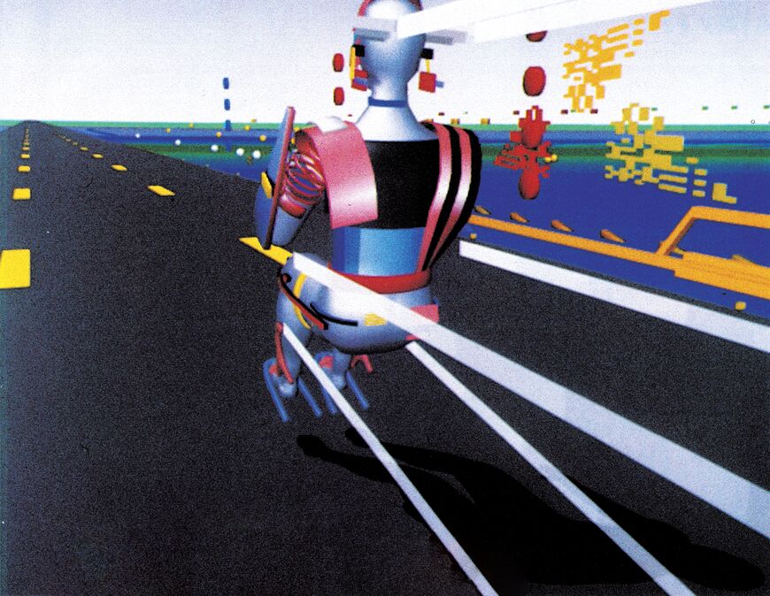 Computeranimierter Roboter, der über eine Straße rennt