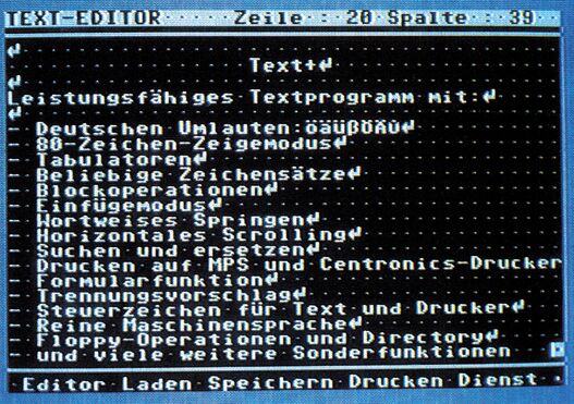 Textverarbeitungs-Menübildschirm mit Liste der Leistungsfähigkeiten in deutscher Sprache