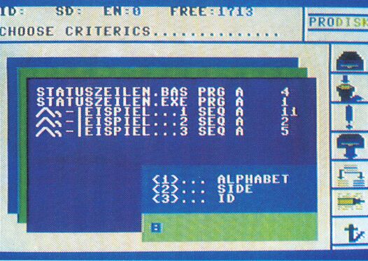 Datenbank-Bildschirm mit Kriterien-Auswahlmenü und Statusleiste in blau-weißer Darstellung