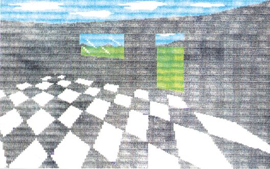 Farbiger Ausdruck einer 3D-Schachbrett-Szene mit Himmel