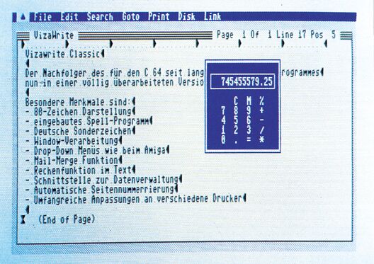 Screenshot von Vizawrite Classic mit geöffnetem Menü