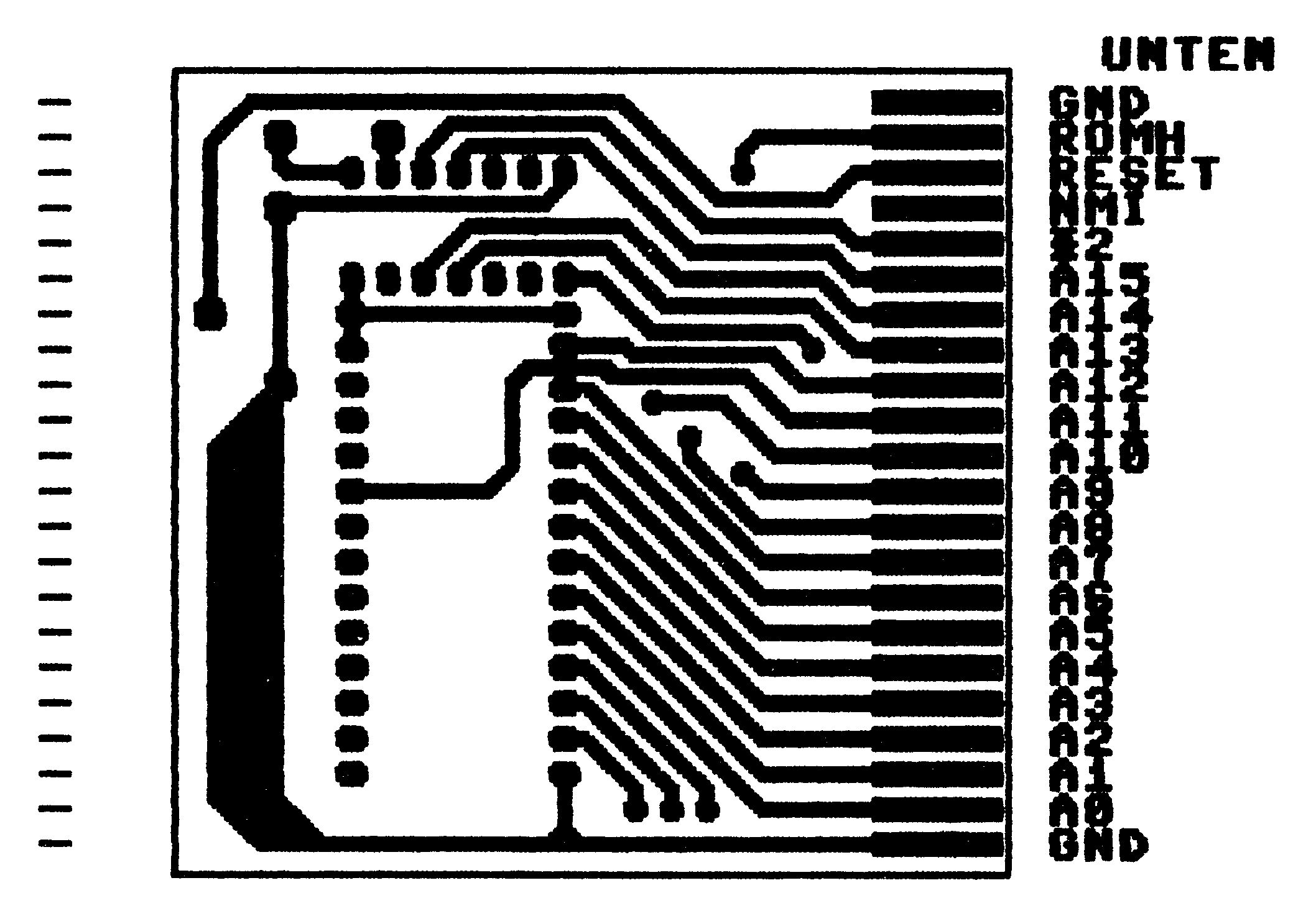 Platinenlayout mit Leiterbahnen, Lötaugen und Beschriftung UNTEN