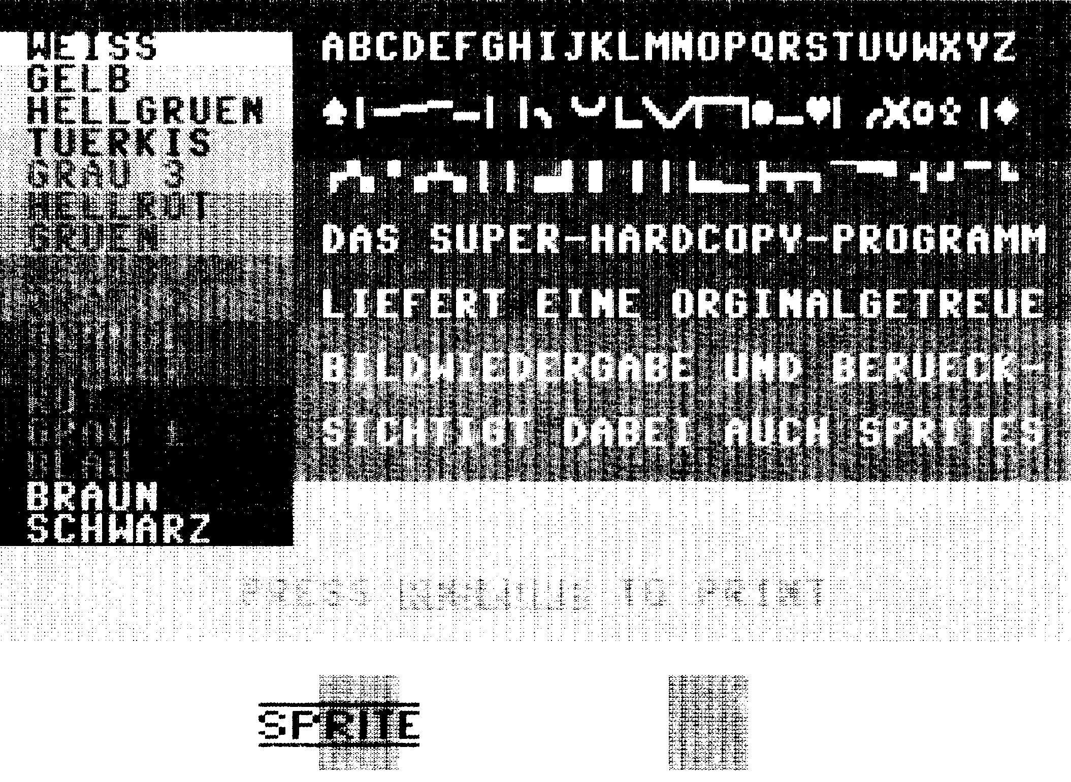Bildschirmfoto mit Farbliste, Zeichensatz und Textblock, darunter ein Sprite