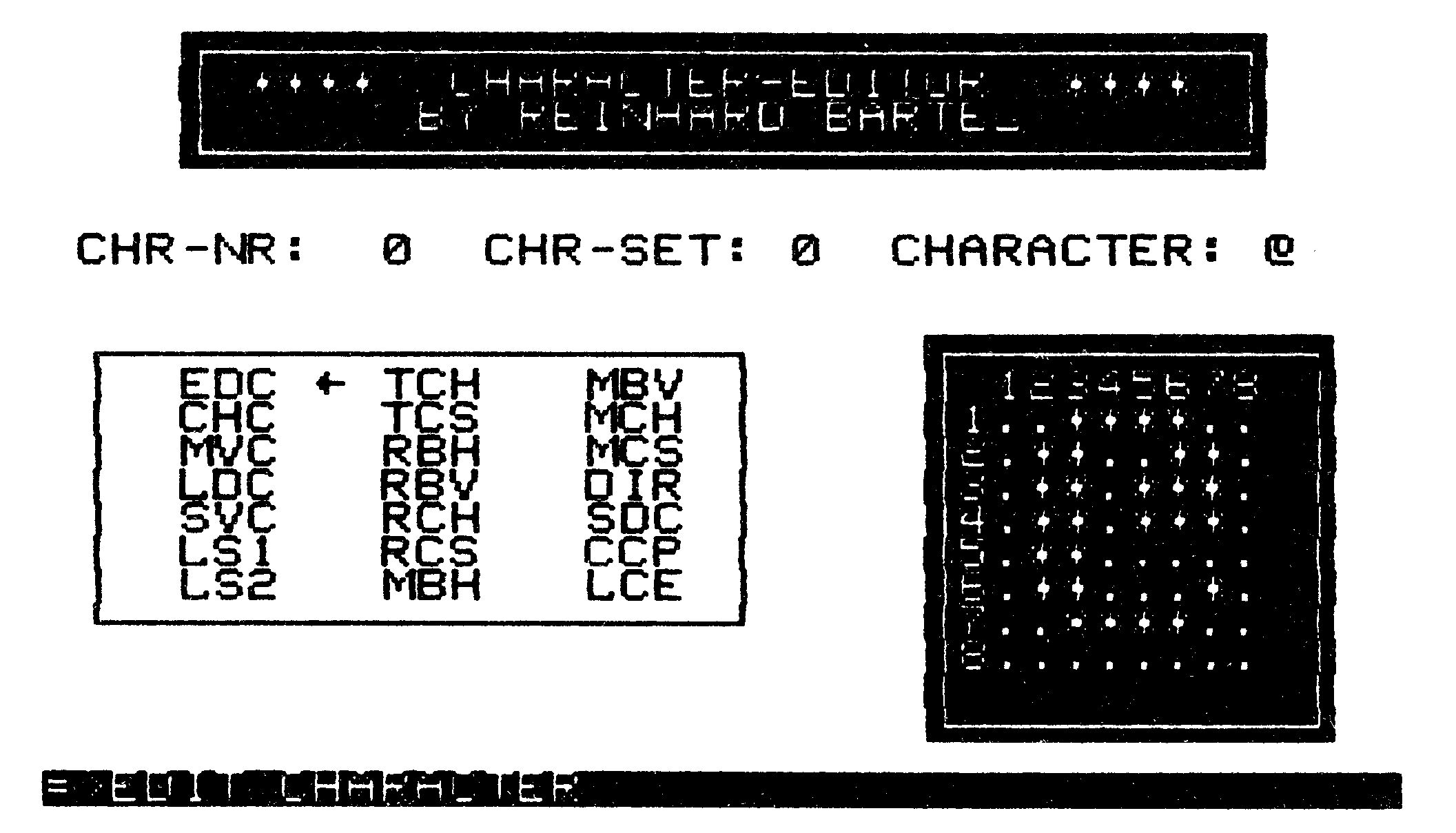 C64-Bildschirm mit Titelzeile, Kommando-Liste, Pixelraster und Statuszeile EDIT CHARACTER