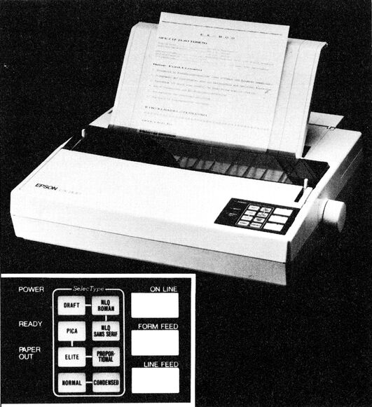 Foto des Epson EX-800-Druckers mit eingelegtem Papier, darunter Bedienfeld-Detail