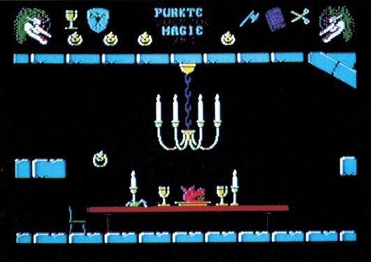Screenshot mit Kerzenleuchter und Skeletten in einer Burgkulisse