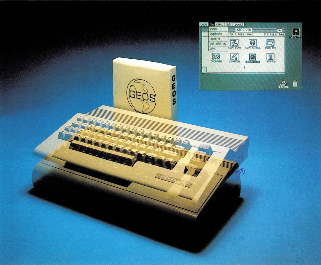 Foto des neuen C 64 II mit Geos-Handbuch und Geos-Bildschirmdarstellung im Hintergrund