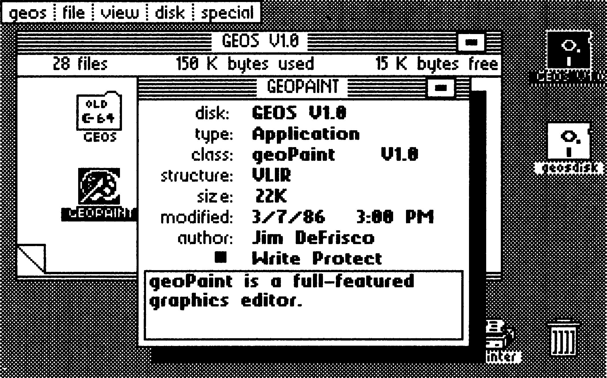 Screenshot des Geos-Info-Fensters für geoPaint mit Angaben zu Typ, Klasse, Größe und Autor