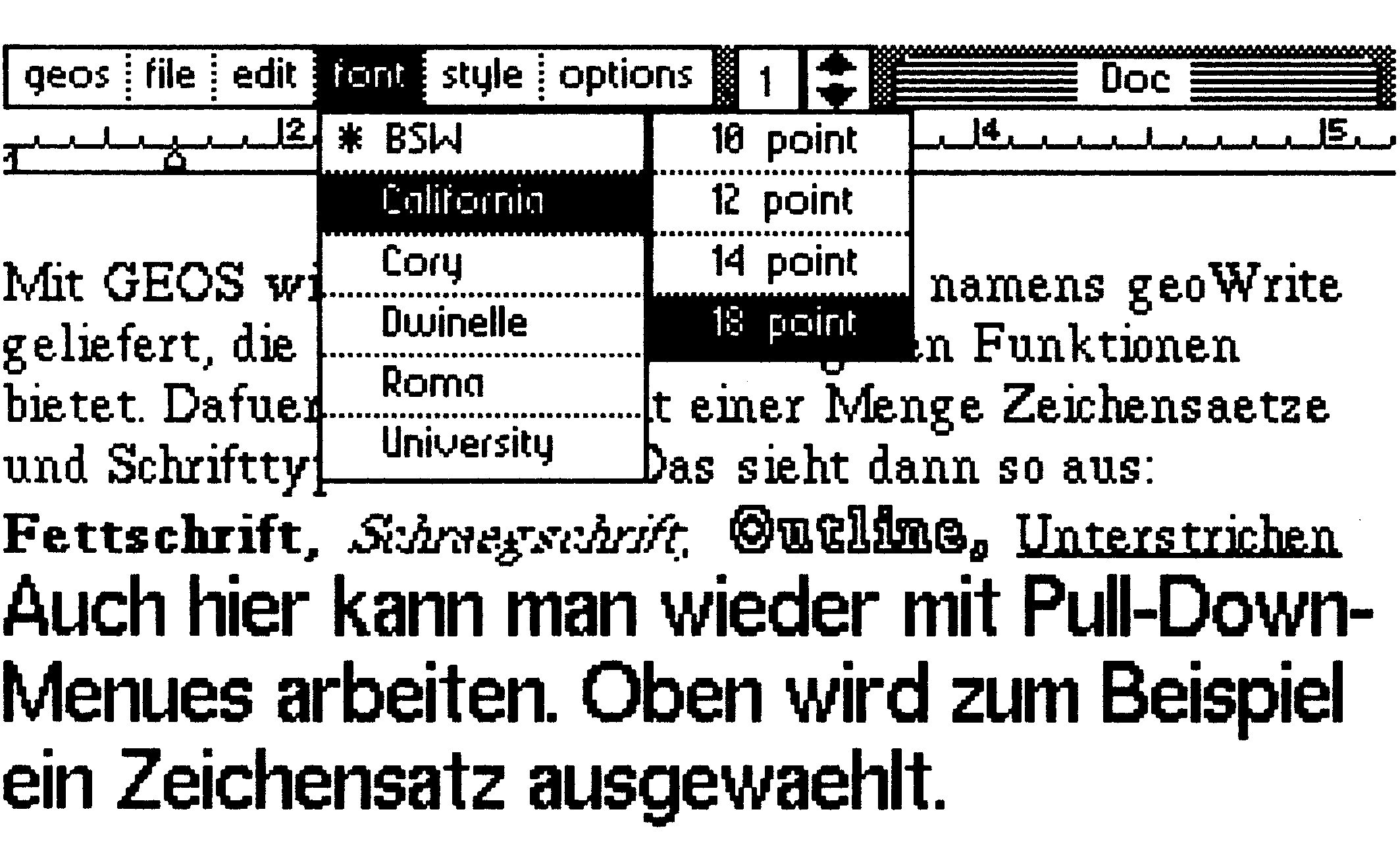Screenshot von geoWrite mit geöffnetem font-Pulldown-Menü zur Auswahl eines Zeichensatzes und einer Schriftgröße