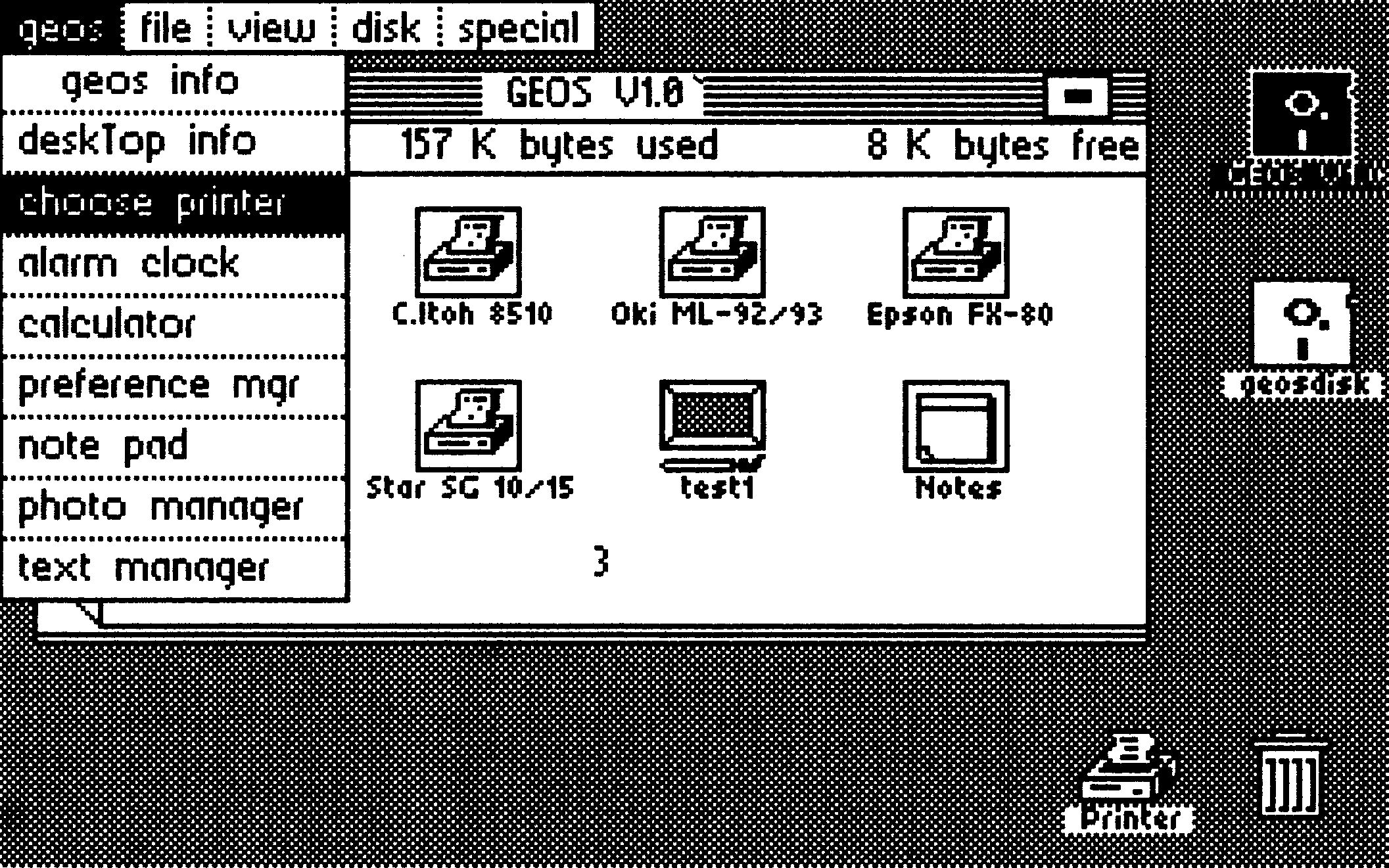 Screenshot des heruntergerollten geos-Pulldown-Menüs mit Punkten wie choose printer, alarm clock, calculator