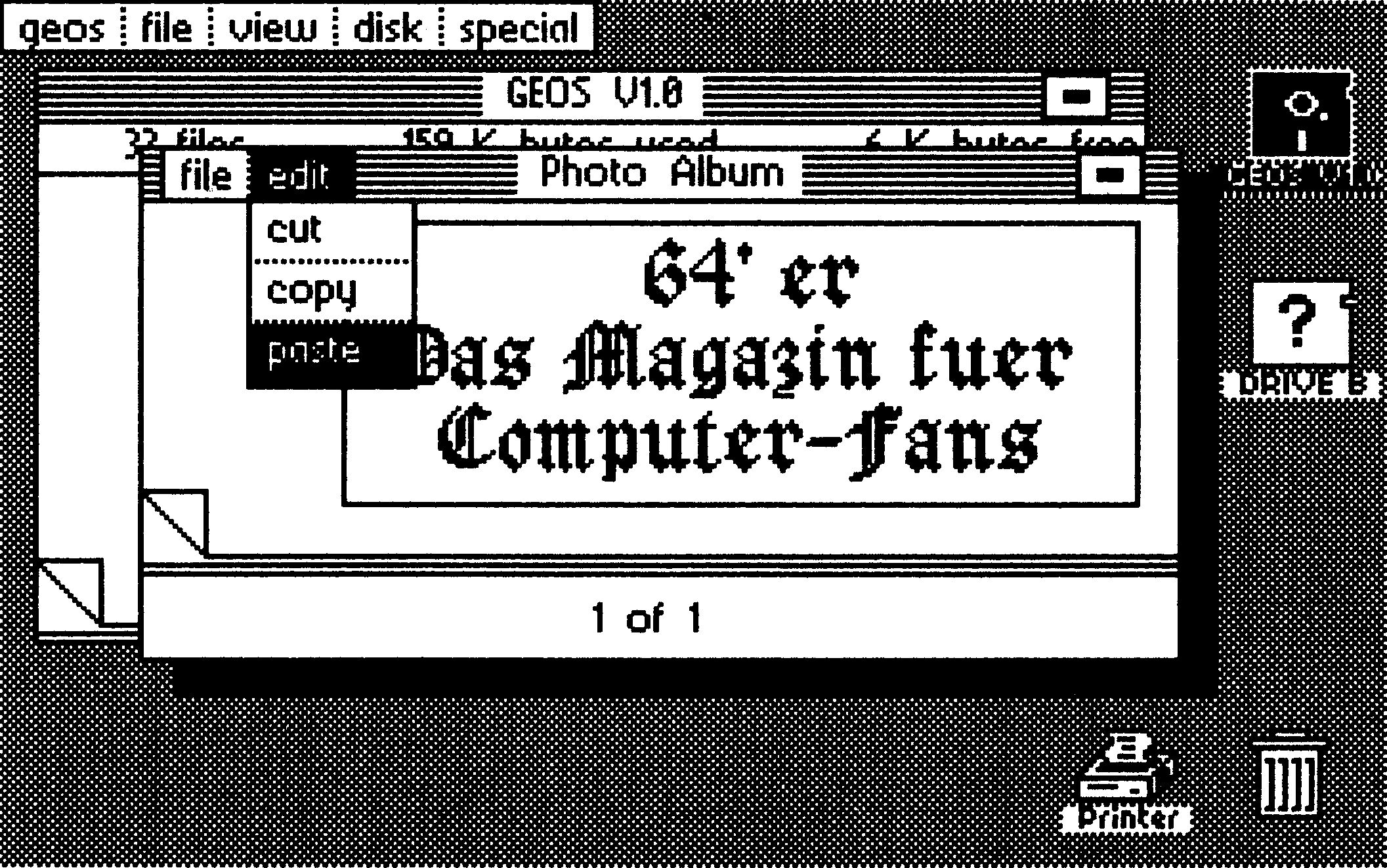 Screenshot des Geos-Fotoalbums mit eingefügter Grafik des Schriftzugs »64’er Das Magazin fuer Computer-Fans«