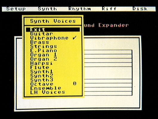 Bildschirmfoto des Sound-Expander-Menüs mit aufgeklapptem »Synth Voices«-Fenster