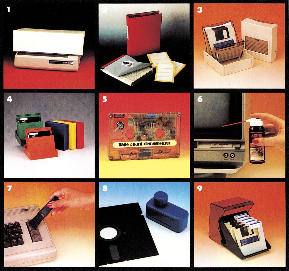Neun nummerierte Produktfotos verschiedener Computer- und Druckerzubehörartikel
