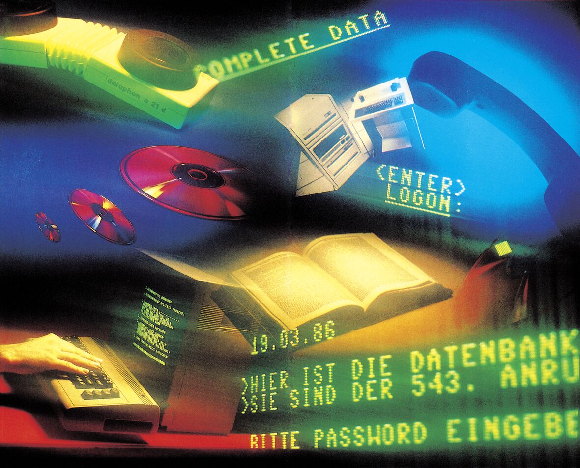 Montage mit Diskette, Tastatur und Bildschirm-Logon zu einer Datenbank