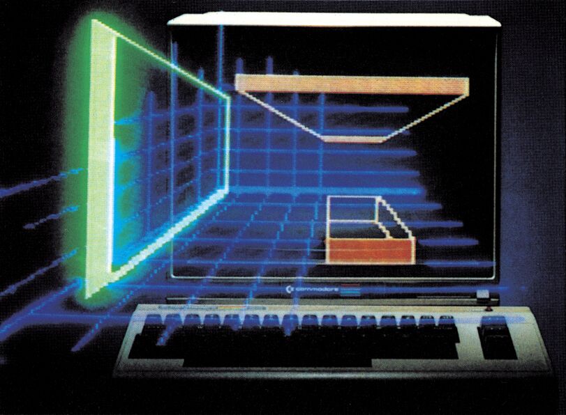 Stilisierte 3D-Computergrafik mit C 64 und Drahtgittermodell