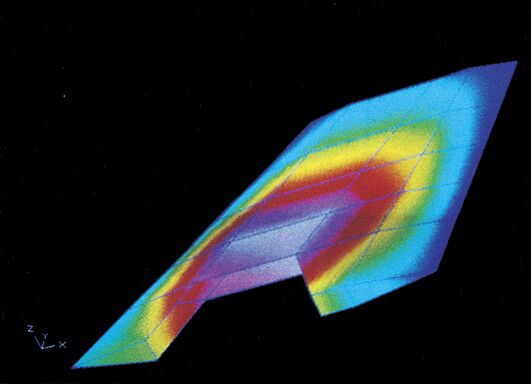 Farbige CAD-Darstellung der Belastungszustände an einem Tragflügel