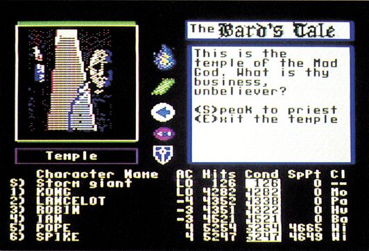 Bard's Tale-Bildschirm mit Tempelansicht und Charakterliste