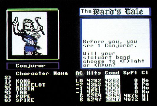 Bard's Tale-Bildschirm mit Conjuror als Gegner und Kampfauswahl