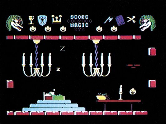Spielszene aus Hexenküche II mit Kerzenleuchtern in einem gemauerten Raum