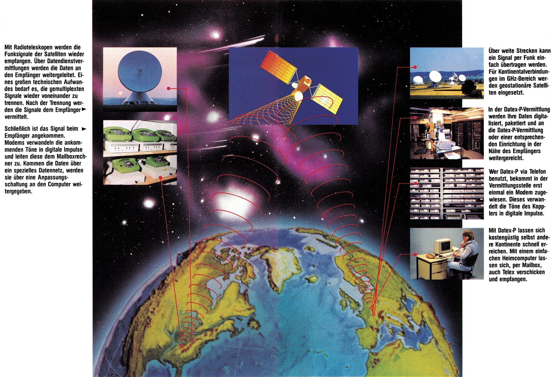 Illustration Globus mit Satellit, Antennen und Computeranlagen