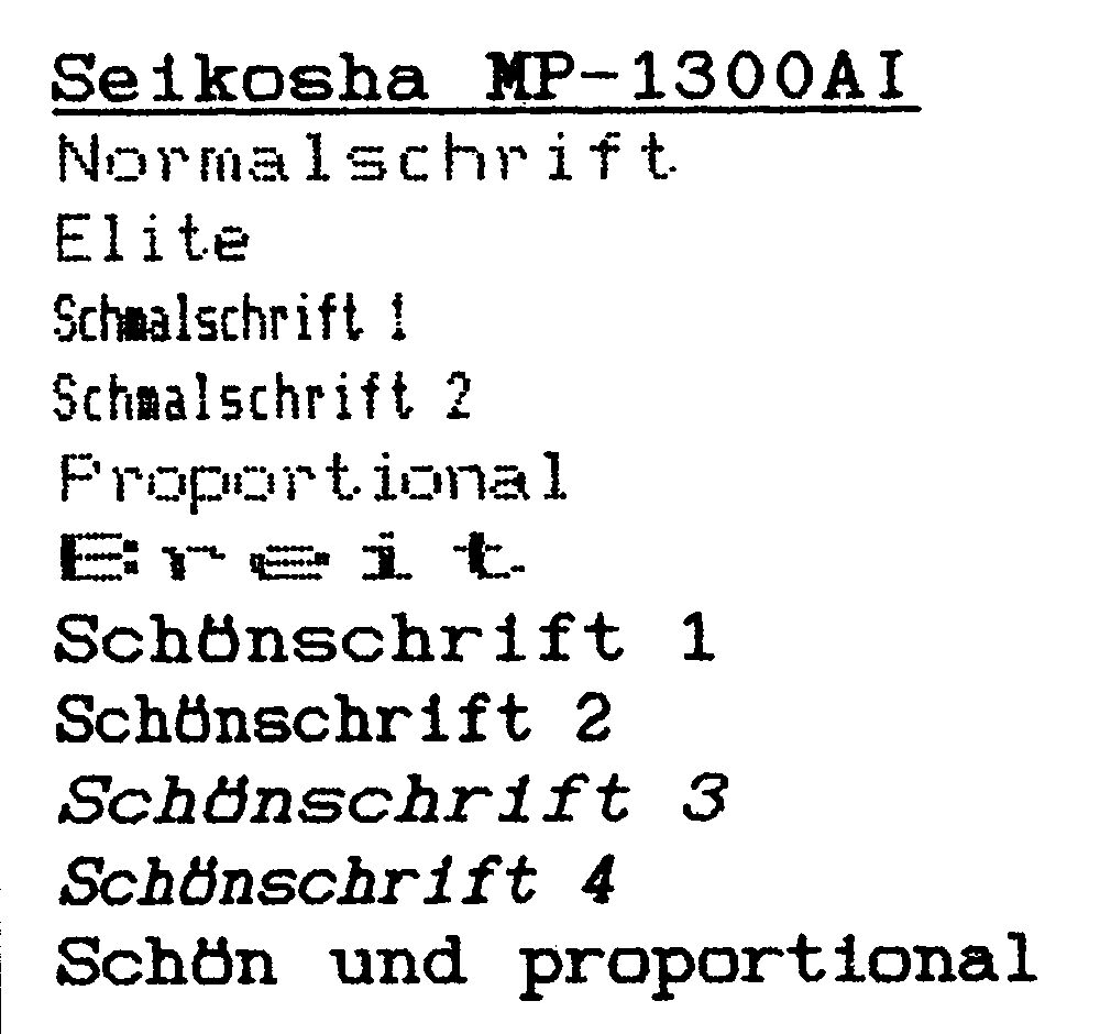 Druckmuster aller Schriftarten des Seikosha MP-1300 AI