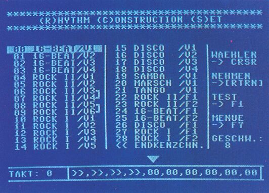 Rhythmussequenzen-Editor mit Liste der Rhythmen und Sequenztabelle