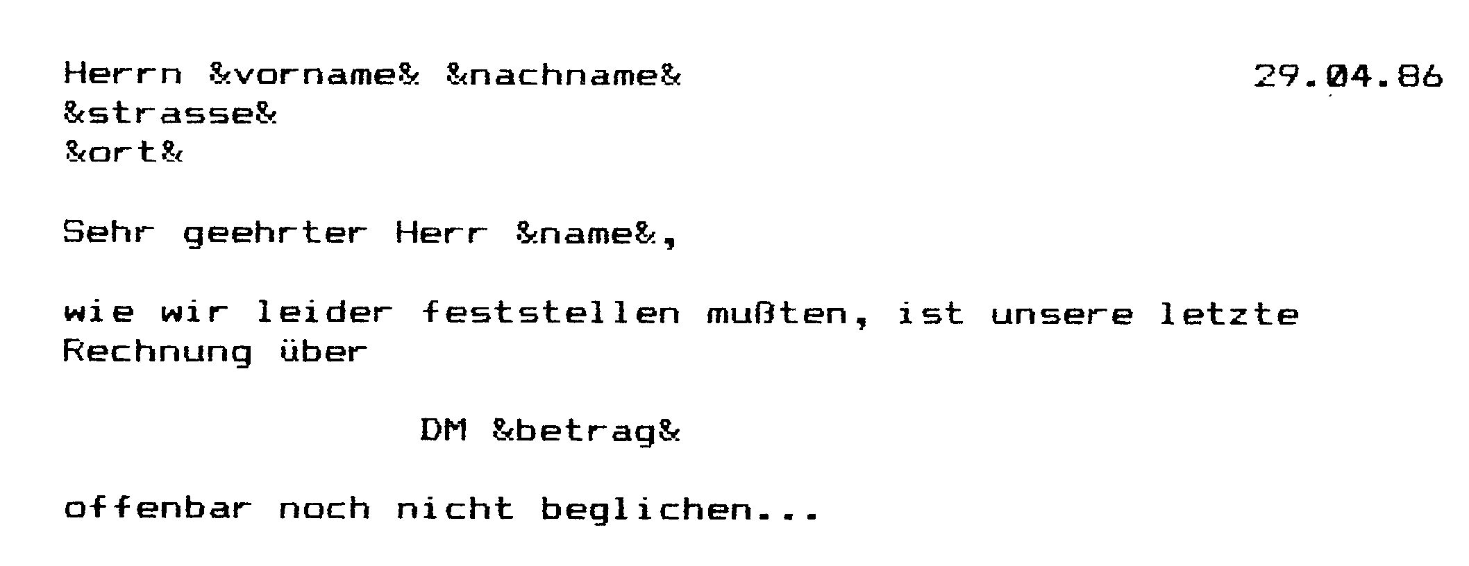 Beispiel eines Wordstar-Serienbriefs mit dBase-Felddefinitionen