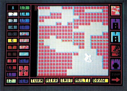 Bildschirmfoto eines Sprite-Editors mit einer pixeligen Zeichenfläche, links ein nummeriertes Menü 1 bis 12 mit Farbfeldern, unten die Menüleiste »TURN MIRR INVT MULTI DRAW«