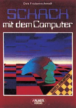 Buchcover mit rotviolettem Hintergrund, Titel »SCHACH mit dem Computer«, Autorname »Dirk Frickenschmidt«, Abbildung eines Schachbretts mit einer grünen Springer-Figur, unten Logo »FALKEN VERLAG«