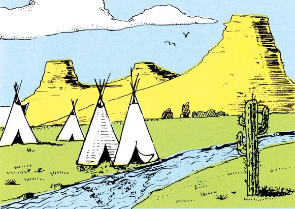 Farbige Comic-Zeichnung einer Landschaft mit drei Tipis, einem Bach, einem großen Kaktus und gelb-braunen Tafelbergen im Hintergrund
