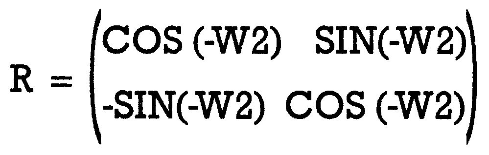 Grüner Formelkasten: Rotationsmatrix R mit COS(-W2) und SIN(-W2)
