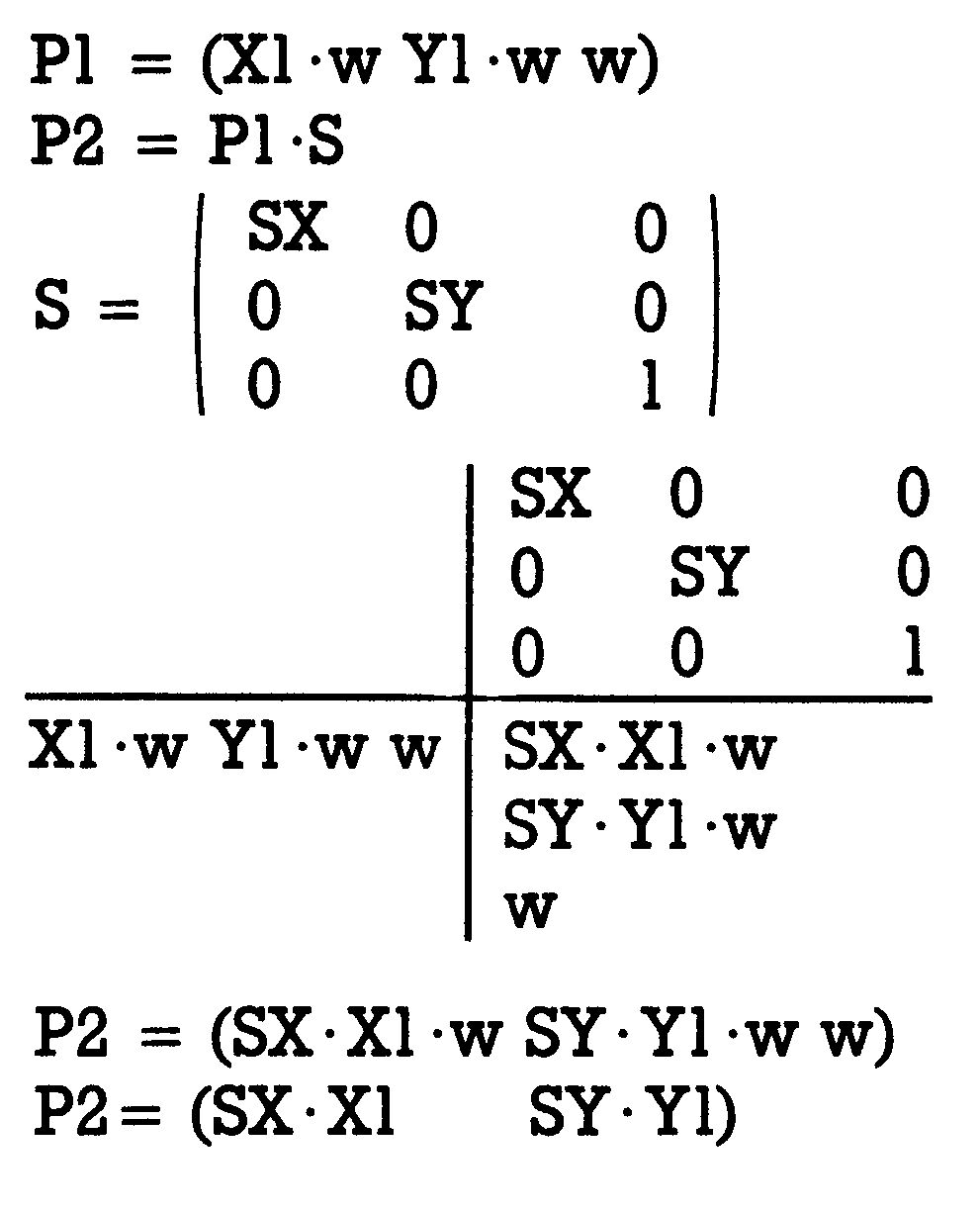 Grüner Formelkasten: P1 = (X1·w Y1·w w); P2 = P1·S ergibt (SX·X1 SY·Y1)