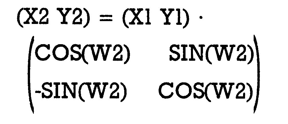 Grüner Formelkasten: (X2 Y2) = (X1 Y1) multipliziert mit einer Matrix aus COS(W2) und SIN(W2)
