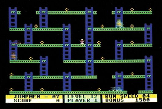 Screenshot eines Plattform-Computerspiels mit blauen Leitern und Plattformen, einer kleinen Spielfigur und einer Statuszeile am unteren Rand