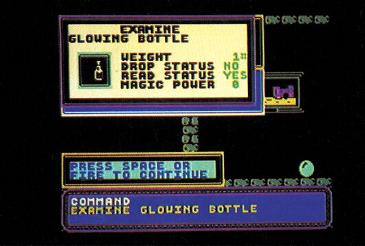 Screenshot eines Adventure-Computerspiels mit mehreren überlappenden Textfenstern auf dunklem Hintergrund