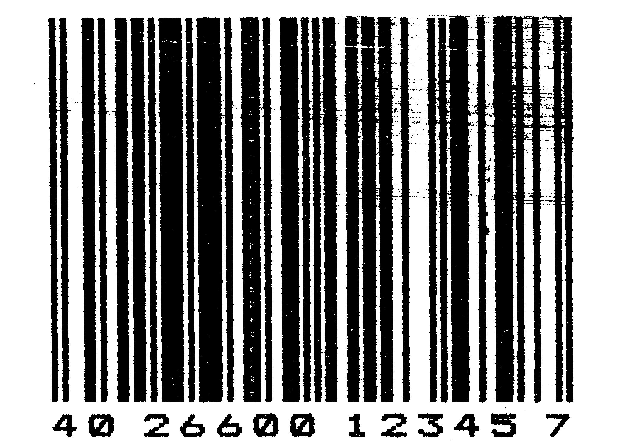 Ein schwarz-weißer Strichcode (Barcode) mit der darunter gedruckten Zahlenfolge »40 26600 12345 7«